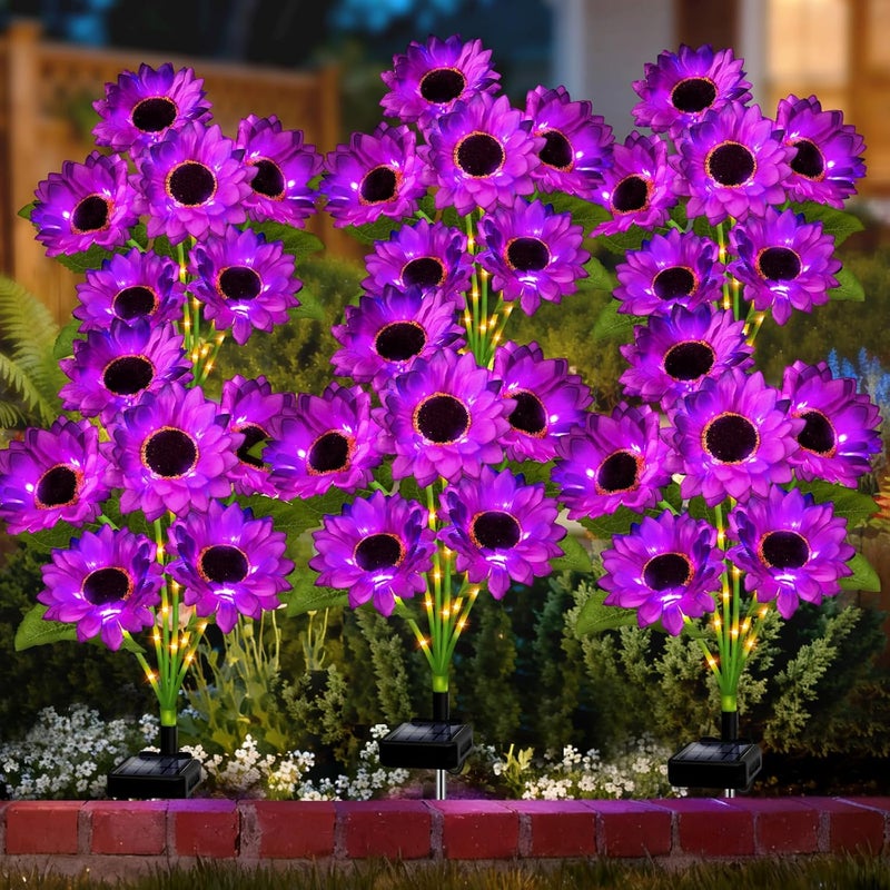 SANDECO Solar Sunflower Lights Outdoor Garden Decor, 6 Pack Solar Purple Flowers Lights with 18 Sunflowers, Waterproof Fall Decor Stake Decorative Light Auto ON/Off for Garden Yard Patio, Gift for Women - Image 1